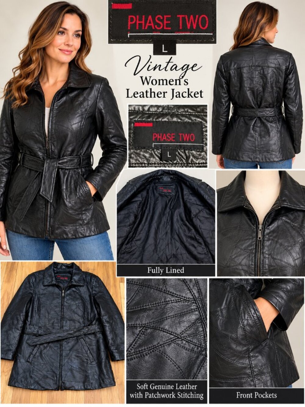 Vintage Phase Two Women’s Black Genuine Leather Belted Jacket Coat L